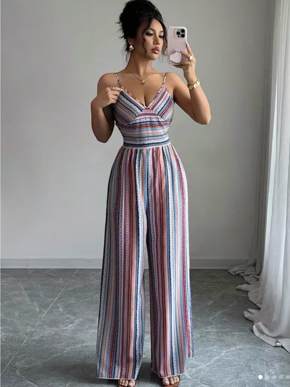 Striped Multi-Color V-Neck Wide-Leg Jumpsuit